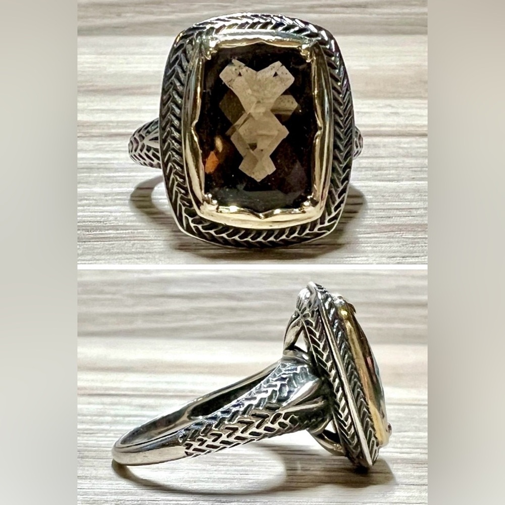 Vintage Designer Sterling Silver & Gold Brown Faceted Quartz Ring, Size 10